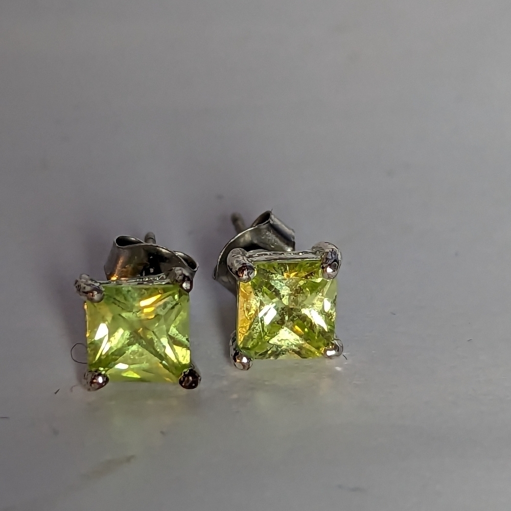 Peridot EarringGreen Square Glass rhinestone silver tone surgical steel posts